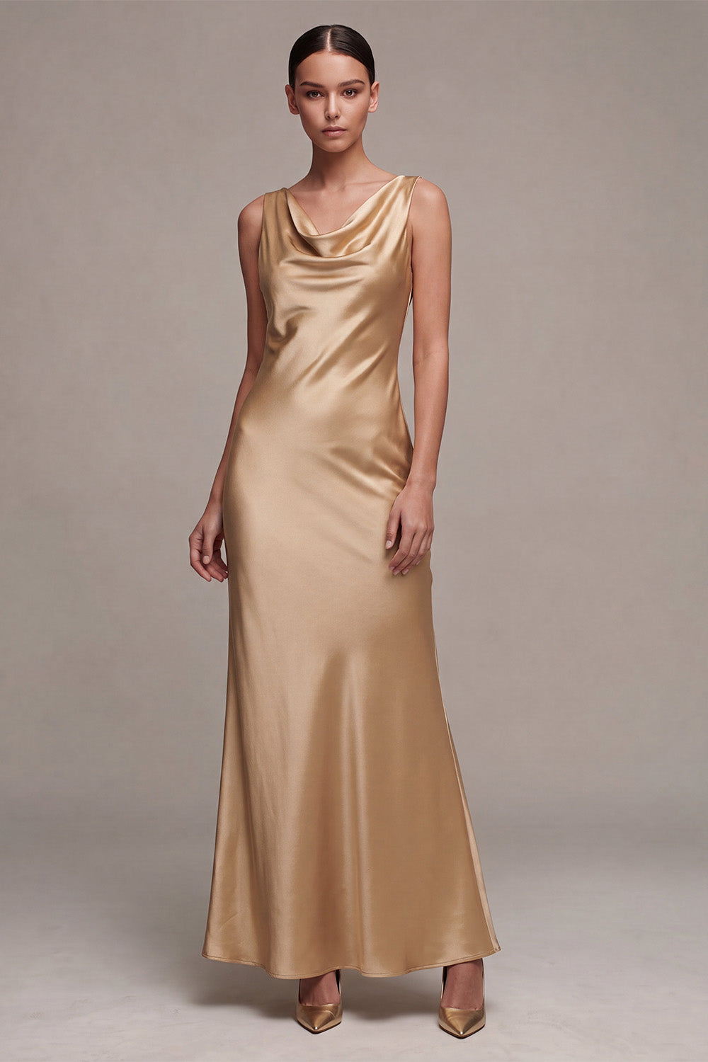 Simple Champagne Satin Cowl Neck Mermaid Long Wedding Guest Dress