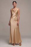 Simple Champagne Satin Cowl Neck Mermaid Long Wedding Guest Dress
