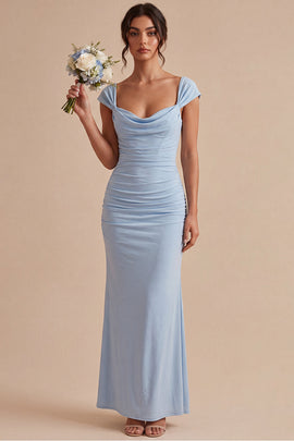 Sky Blue Ruched Mermaid Long Wedding Guest Dress with Sleeves