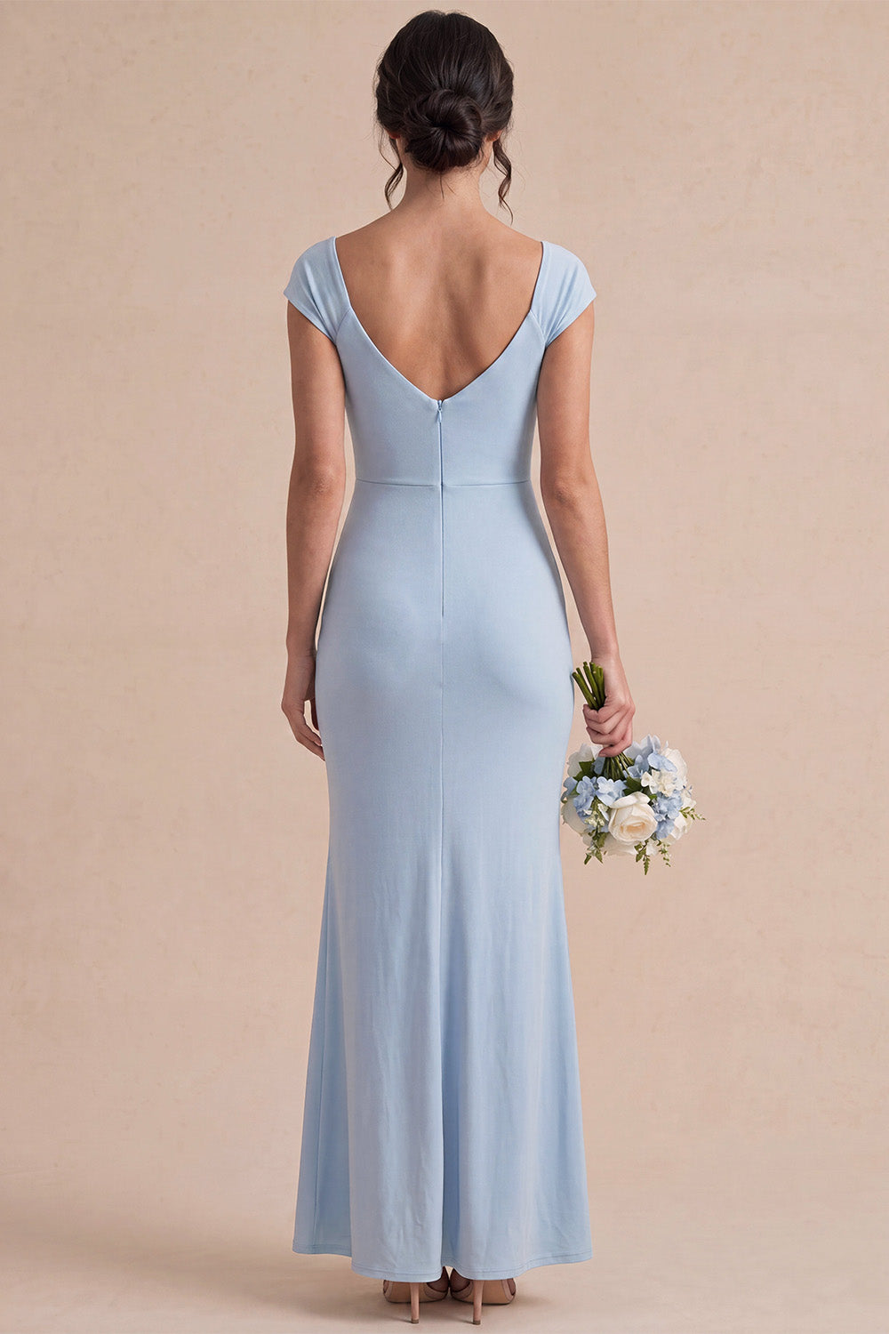 Sky Blue Ruched Mermaid Long Wedding Guest Dress with Sleeves