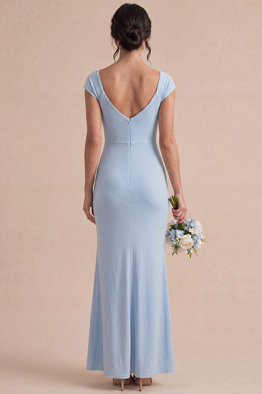 Sky Blue Ruched Mermaid Long Wedding Guest Dress with Sleeves