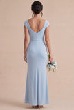 Sky Blue Ruched Mermaid Long Wedding Guest Dress with Sleeves