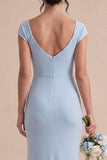 Sky Blue Ruched Mermaid Long Wedding Guest Dress with Sleeves