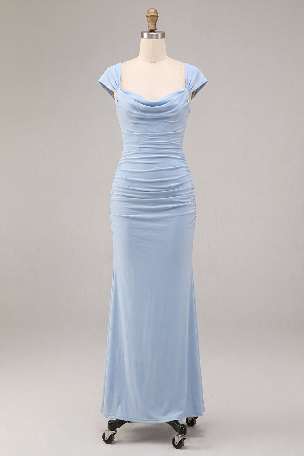 Sky Blue Ruched Mermaid Long Wedding Guest Dress with Sleeves