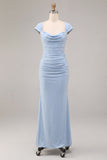 Sky Blue Ruched Mermaid Long Wedding Guest Dress with Sleeves