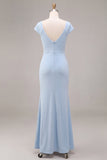 Sky Blue Ruched Mermaid Long Wedding Guest Dress with Sleeves