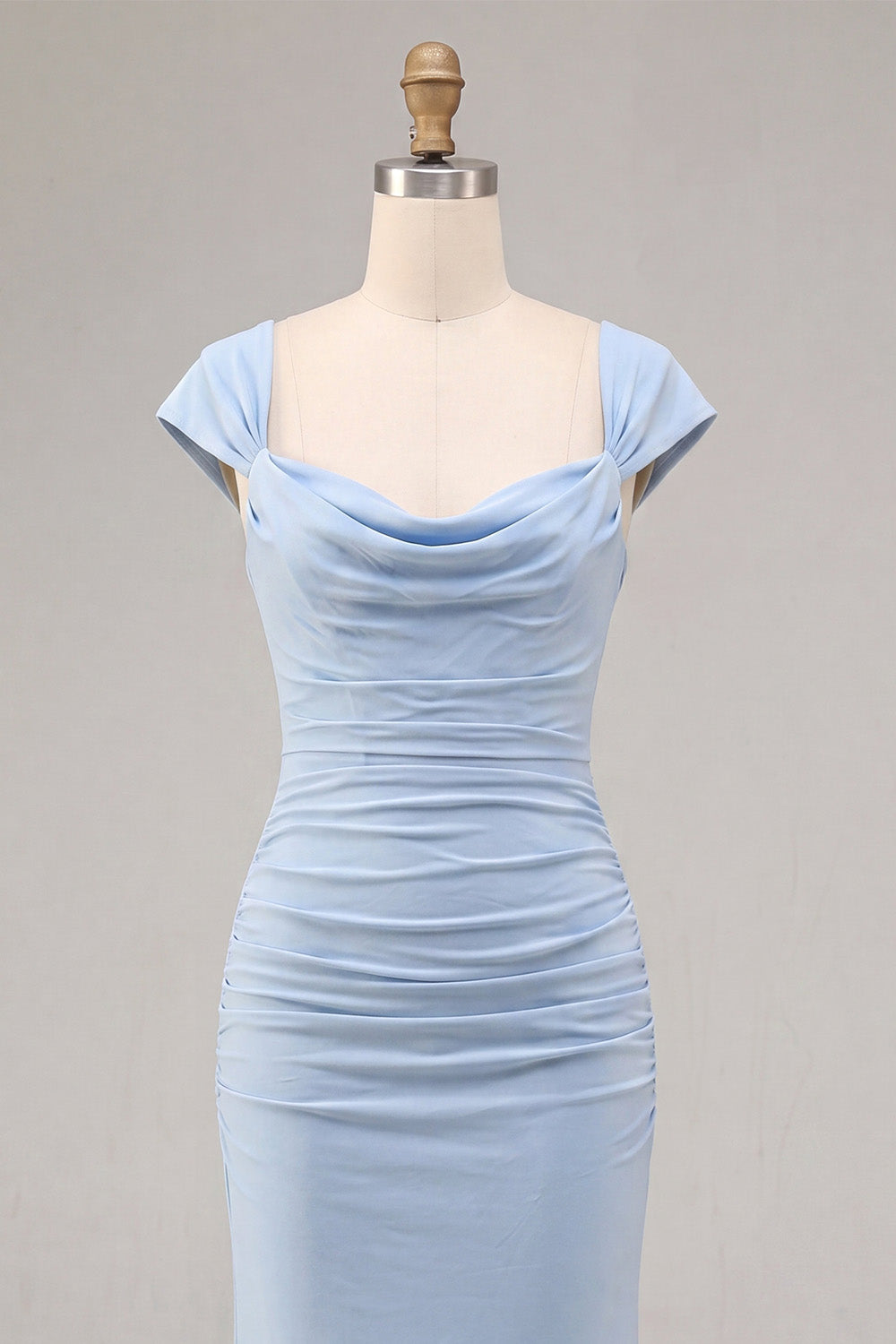 Sky Blue Ruched Mermaid Long Wedding Guest Dress with Sleeves