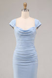 Sky Blue Ruched Mermaid Long Wedding Guest Dress with Sleeves