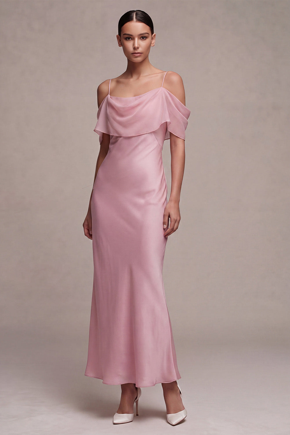 Dark Pink Chiffon Cold Shoulder Mermaid Long Wedding Guest Dress