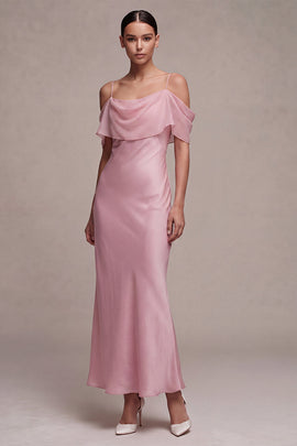 Dark Pink Chiffon Cold Shoulder Mermaid Long Wedding Guest Dress