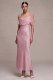 Dark Pink Chiffon Cold Shoulder Mermaid Long Wedding Guest Dress