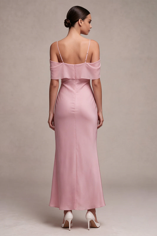 Dark Pink Chiffon Cold Shoulder Mermaid Long Wedding Guest Dress