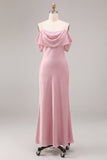 Dark Pink Chiffon Cold Shoulder Mermaid Long Wedding Guest Dress