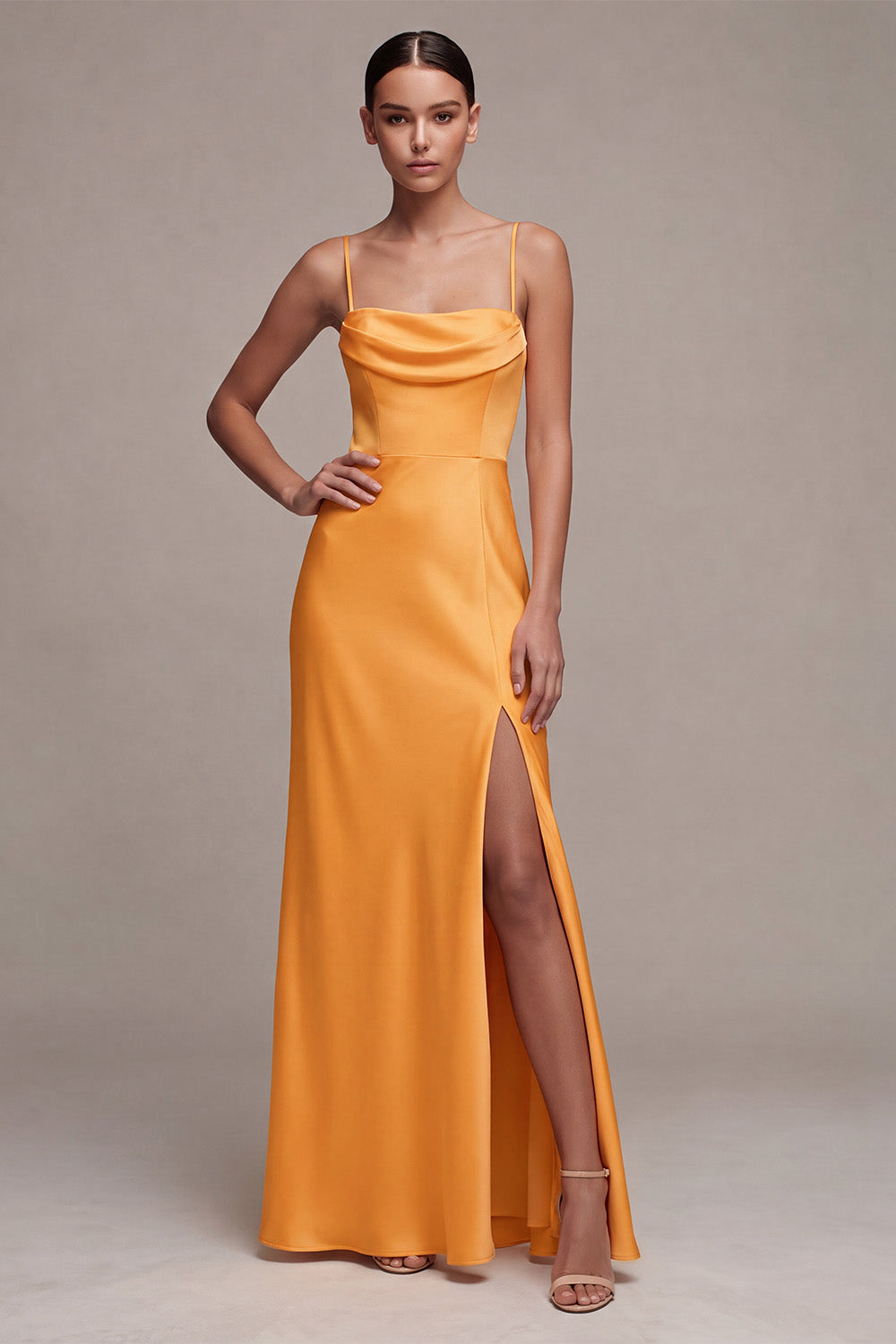 Light Yellow Satin Sheath Long Wedding Guest Dress with Slit