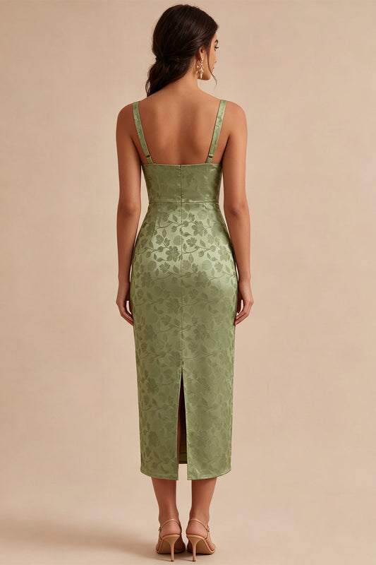 Floral Light Green Sheath Maxi Wedding Guest Dress with Back Slit