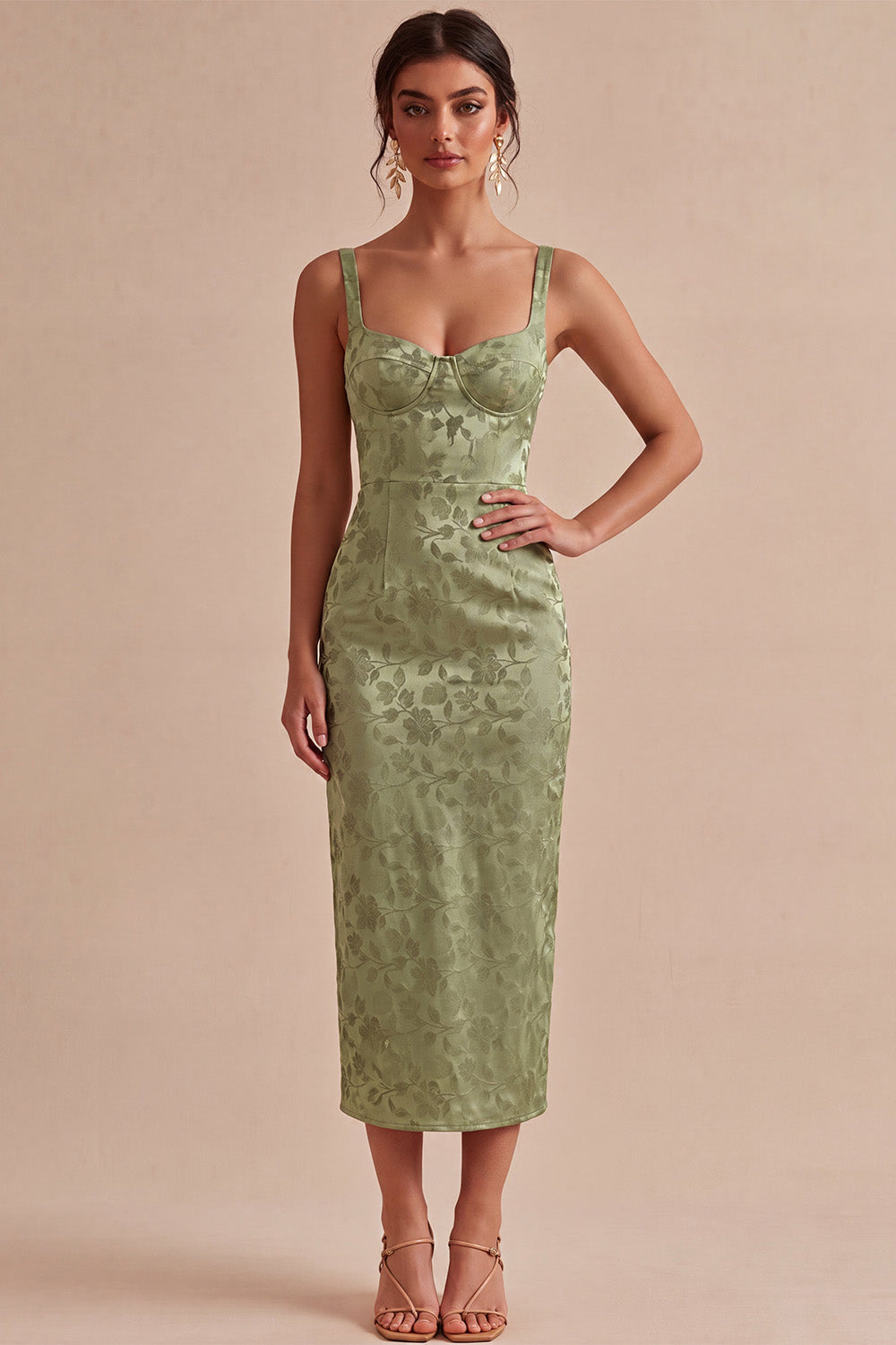 Floral Light Green Sheath Maxi Wedding Guest Dress with Back Slit
