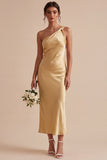 Gold Satin One Shoulder Mermaid Maxi Wedding Guest Dress