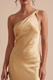 Gold Satin One Shoulder Mermaid Maxi Wedding Guest Dress