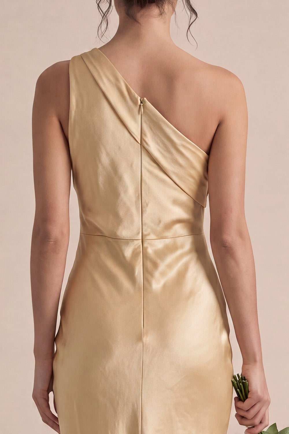 Gold Satin One Shoulder Mermaid Maxi Wedding Guest Dress