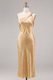 Gold Satin One Shoulder Mermaid Maxi Wedding Guest Dress