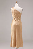 Gold Satin One Shoulder Mermaid Maxi Wedding Guest Dress