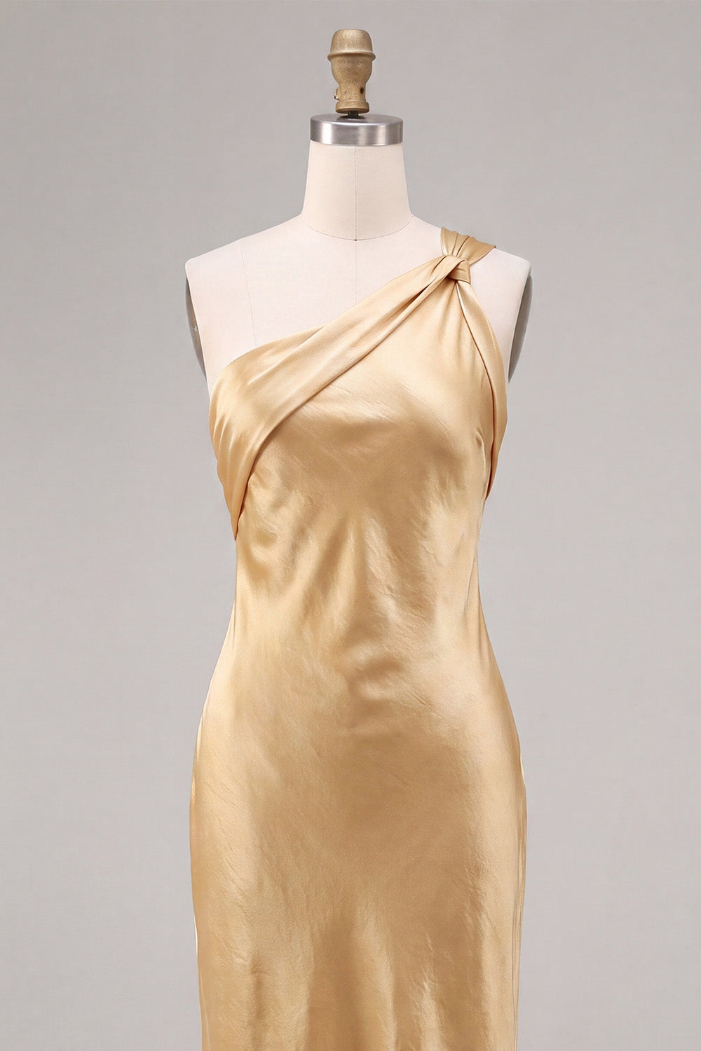 Gold Satin One Shoulder Mermaid Maxi Wedding Guest Dress