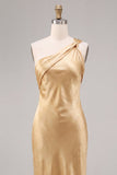 Gold Satin One Shoulder Mermaid Maxi Wedding Guest Dress