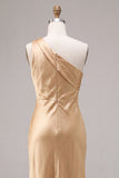 Gold Satin One Shoulder Mermaid Maxi Wedding Guest Dress