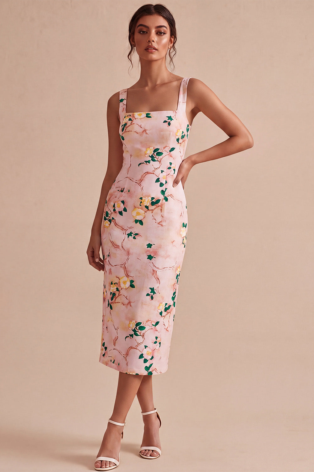 Floral Pink Square Neck Pencil Midi Wedding Guest Dress