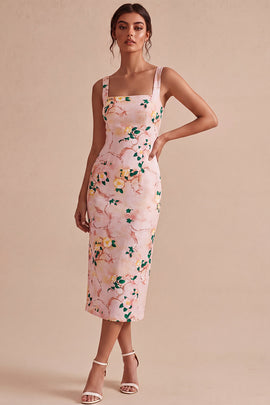 Floral Pink Square Neck Pencil Midi Wedding Guest Dress