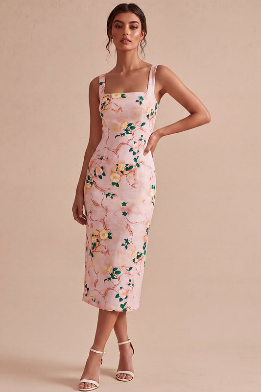 Floral Pink Square Neck Pencil Midi Wedding Guest Dress