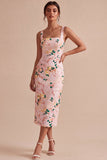 Floral Pink Square Neck Pencil Midi Wedding Guest Dress