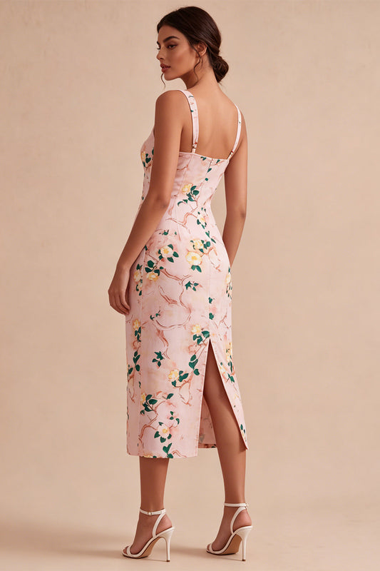 Floral Pink Square Neck Pencil Midi Wedding Guest Dress