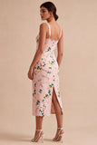 Floral Pink Square Neck Pencil Midi Wedding Guest Dress