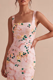Floral Pink Square Neck Pencil Midi Wedding Guest Dress