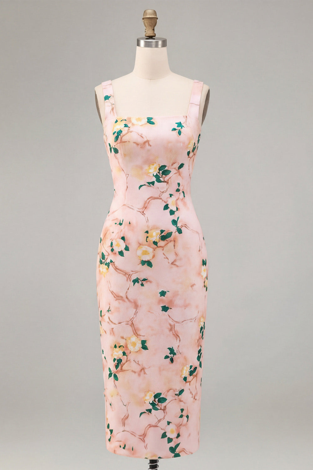 Floral Pink Square Neck Pencil Midi Wedding Guest Dress