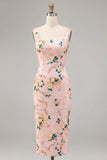 Floral Pink Square Neck Pencil Midi Wedding Guest Dress