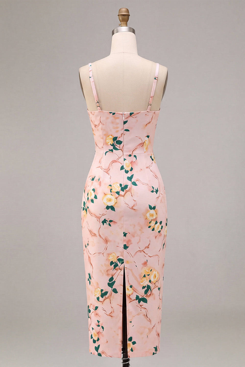 Floral Pink Square Neck Pencil Midi Wedding Guest Dress