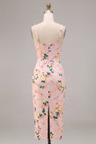 Floral Pink Square Neck Pencil Midi Wedding Guest Dress