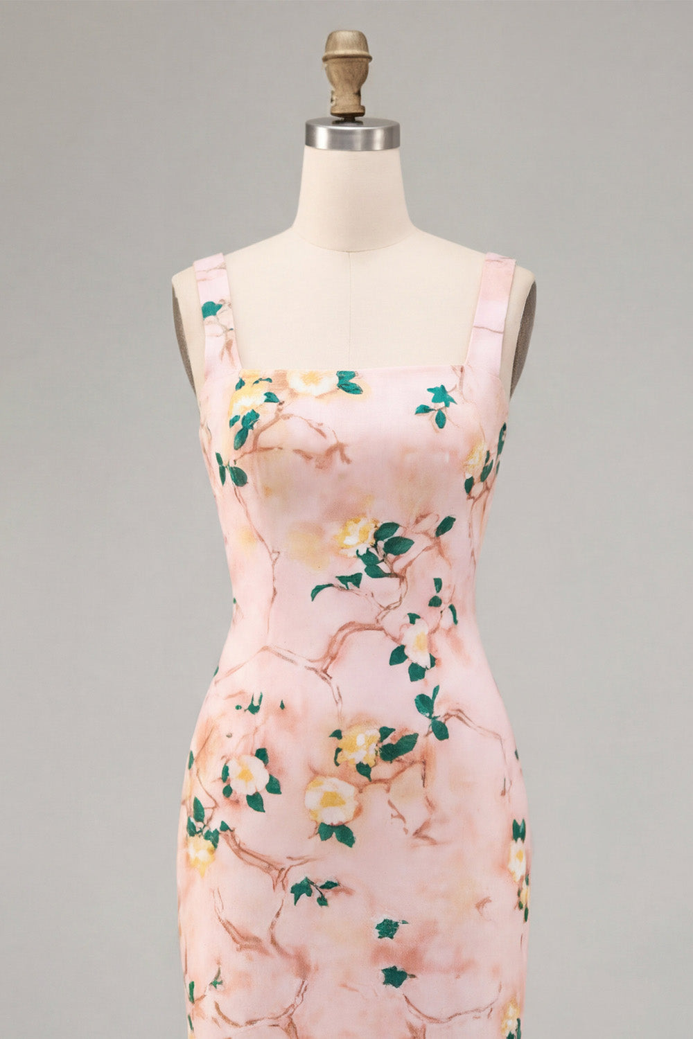 Floral Pink Square Neck Pencil Midi Wedding Guest Dress