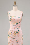 Floral Pink Square Neck Pencil Midi Wedding Guest Dress