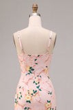 Floral Pink Square Neck Pencil Midi Wedding Guest Dress