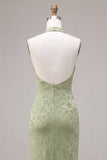 Floral Light Green High Neck Mermaid Long Wedding Guest Dress