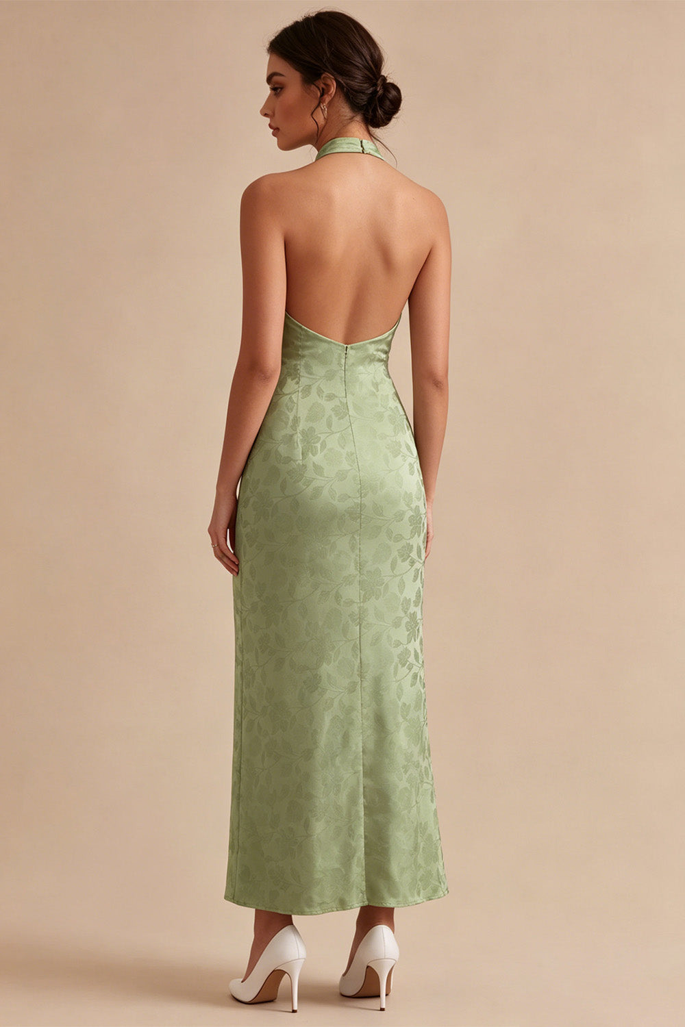 Floral Light Green High Neck Mermaid Long Wedding Guest Dress
