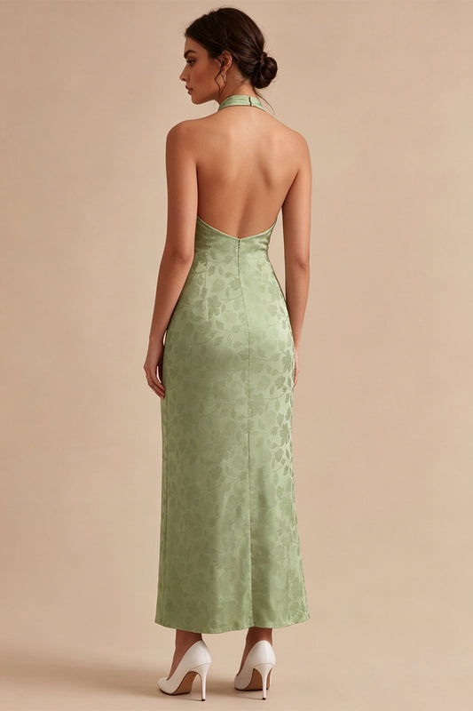 Floral Light Green High Neck Mermaid Long Wedding Guest Dress