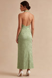 Floral Light Green High Neck Mermaid Long Wedding Guest Dress