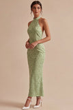 Floral Light Green High Neck Mermaid Long Wedding Guest Dress