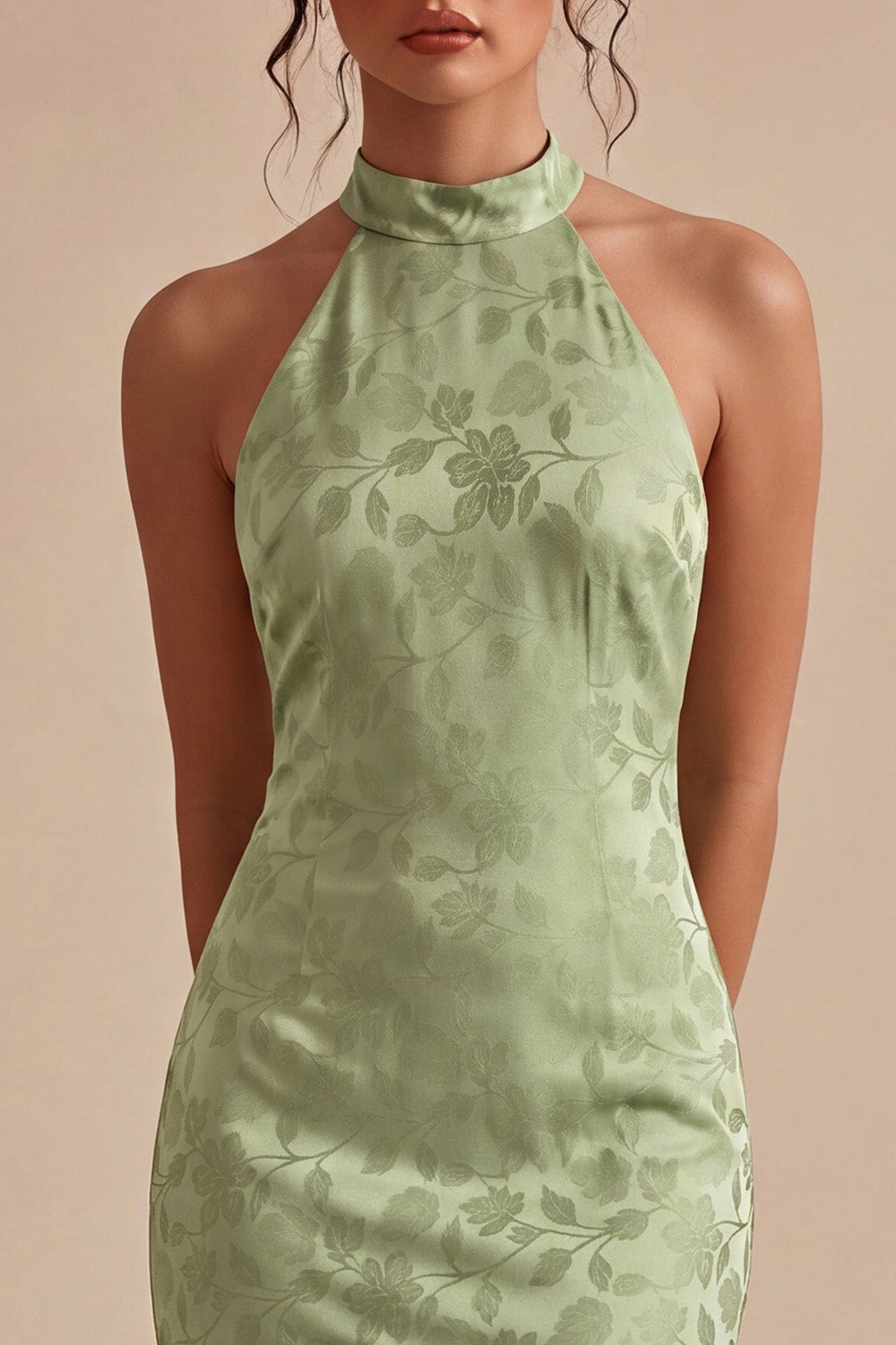 Floral Light Green High Neck Mermaid Long Wedding Guest Dress