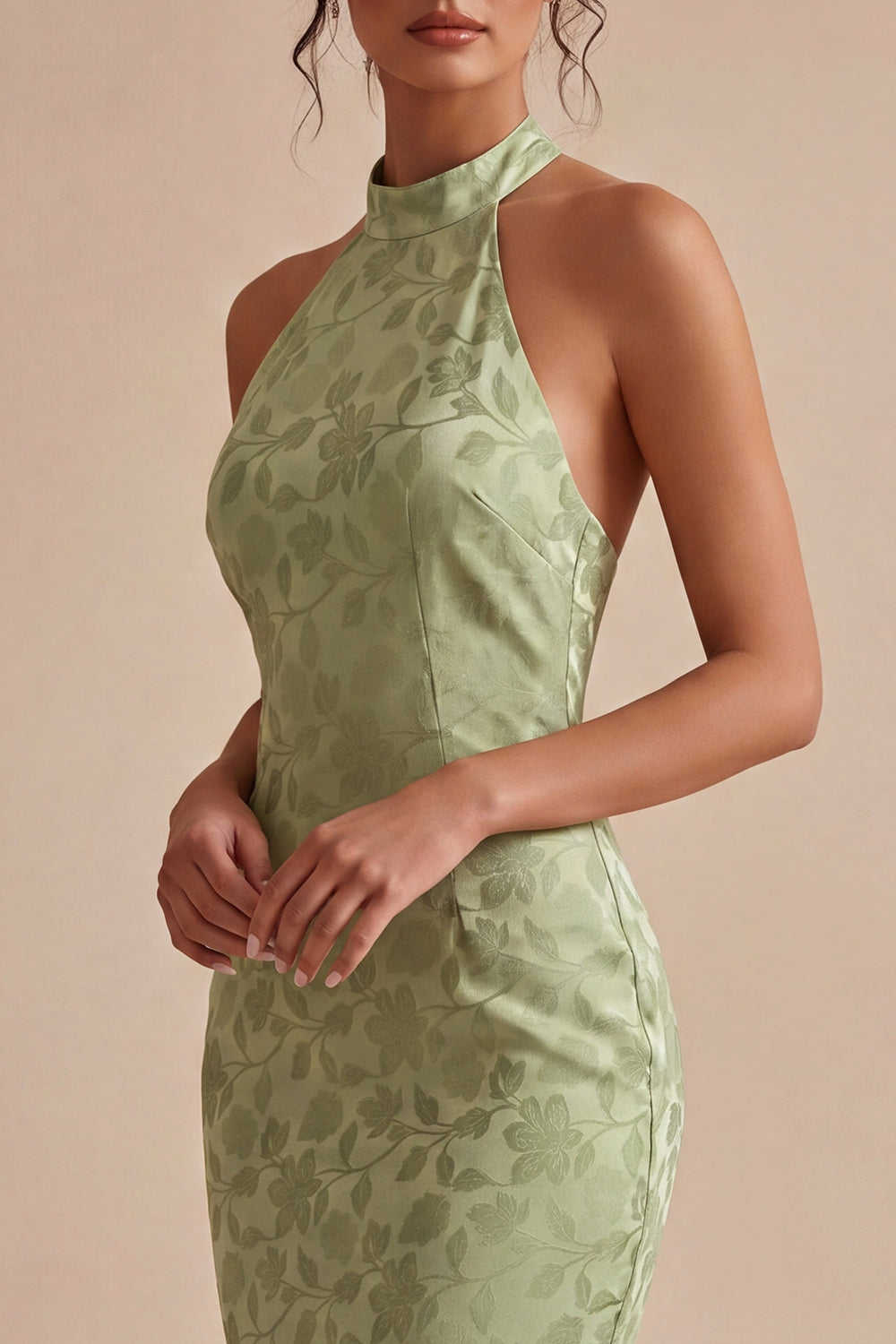 Floral Light Green High Neck Mermaid Long Wedding Guest Dress