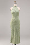 Floral Light Green High Neck Mermaid Long Wedding Guest Dress